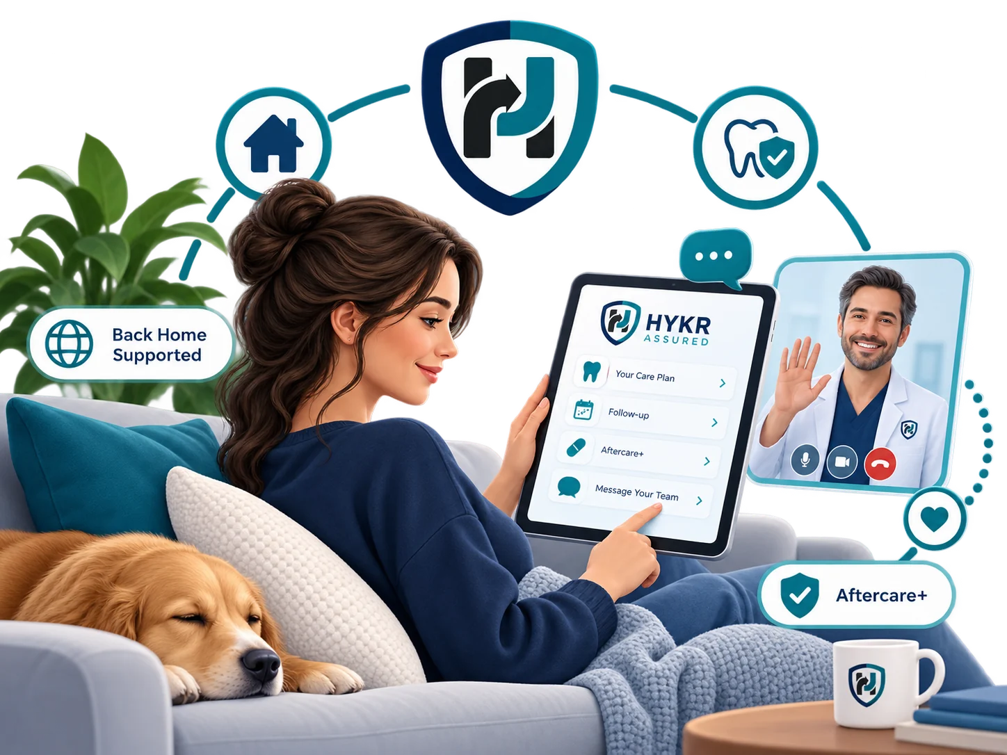 Aftercare support illustration showing patient at home using HYKR tablet and tele-dentistry support