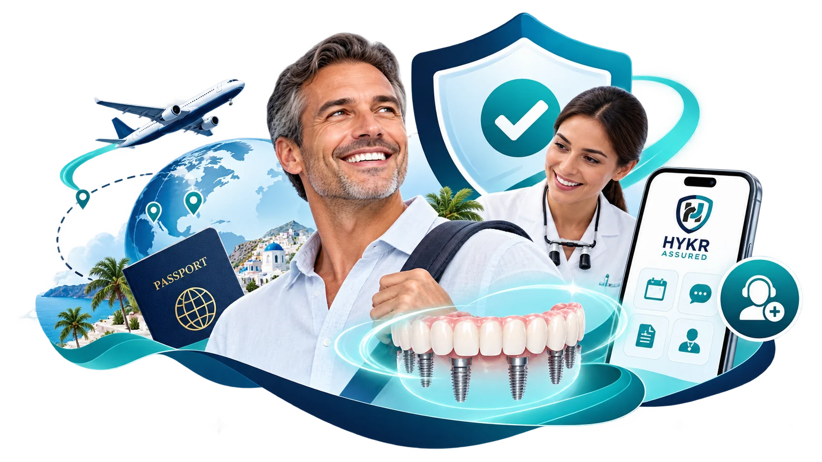 HYKR dental treatment protection illustration with dental patient, travel, shield, implants and app